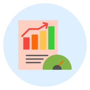 A graph and meter with arrow representing data analysis and monthly reporting.