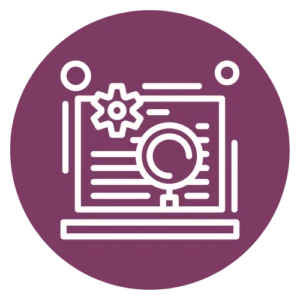 A maroon icon with a white line drawing of a laptop with a magnifying glass representing off-page seo.