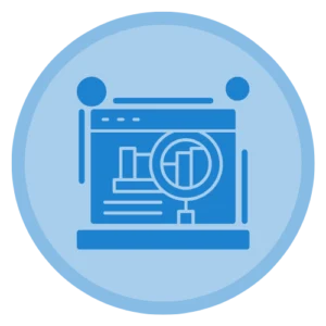 A blue round icon with magnifying glass and computer representing website audit.